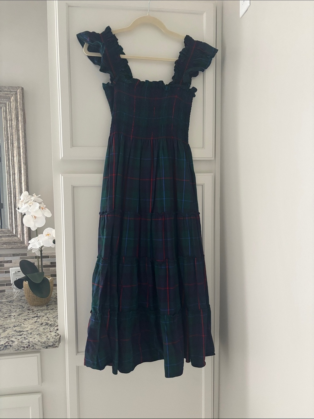 Hill House Dark Green Plaid Smocked Midi Nap Dress